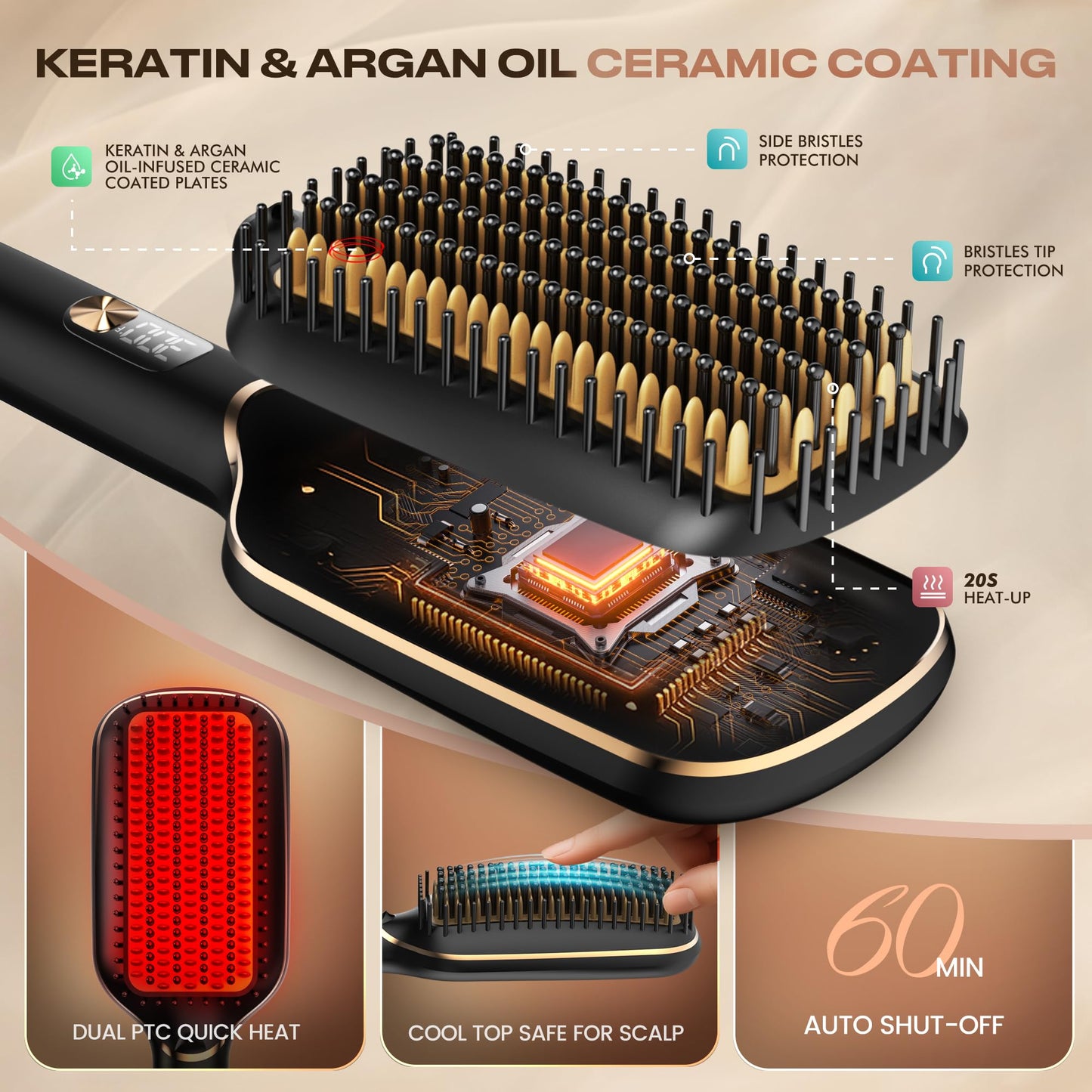 PRITECH Ionic Hair Straightener Brush, 20s Fast Heating 5 Temps Hot Comb