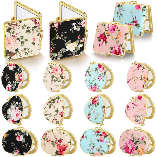 Blulu 16 Pcs Compact Mirrors for Purse Bulk Small Flower Pocket Mirror Vintage Portable Floral Folding Tea Party Favors Return Gifts for Women Birthday Wedding Makeup Travel(Gold Edge)