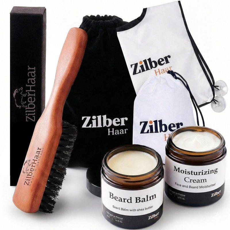 ZilberHaar - Beard Care Kit for Men - 1 Regular Beard Brush + 1 Beard Balm + 1 Moisturizing Cream + 1 Beard Bib - Stiff Boar Bristles and Beech Wood - Supplied in a Velvet Bag