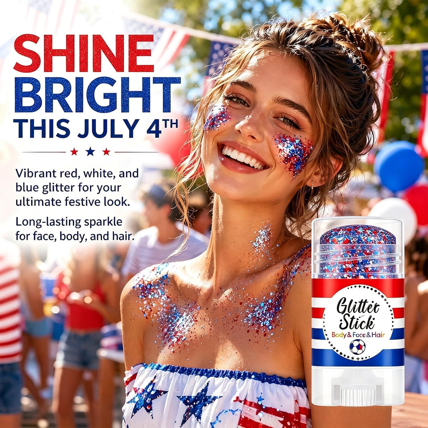 4th of July Glitter Stick - Patriotic Red, White & Blue Body Glitter for Independence Day Celebrations | Perfect for Outfits & Decorations