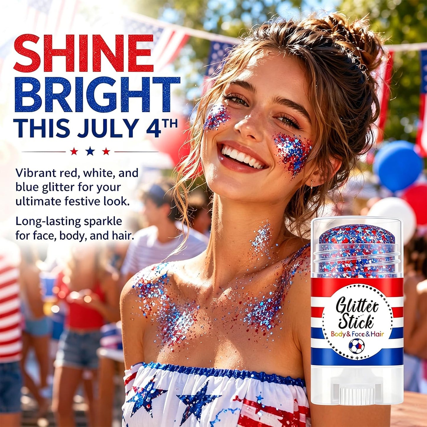 4th of July Glitter Stick, Red White and Blue Glitter Stick, Body Glitter, Patriotic USA Flag Makeup for Independence Day & 250 Anniversary, Fourth of July Decorations, 4th of July Outfits for Women