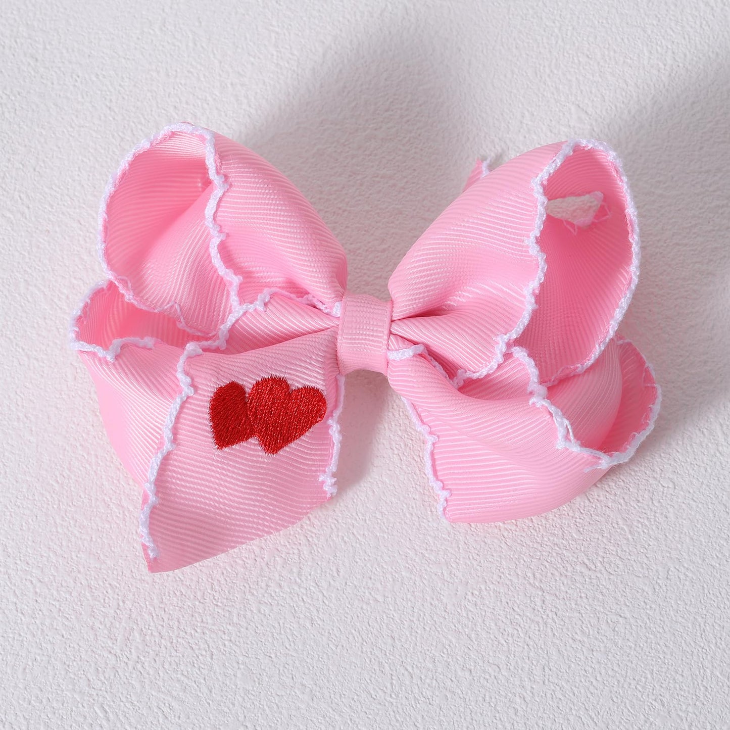 Valentine Pink Hair Bows 2pc 4in Red Love Heart Embroidered Ribbon Bowknot Alligator Clip Gift for Teen Girls Women Birthday Wedding Dance Party Dress Decor Accessory