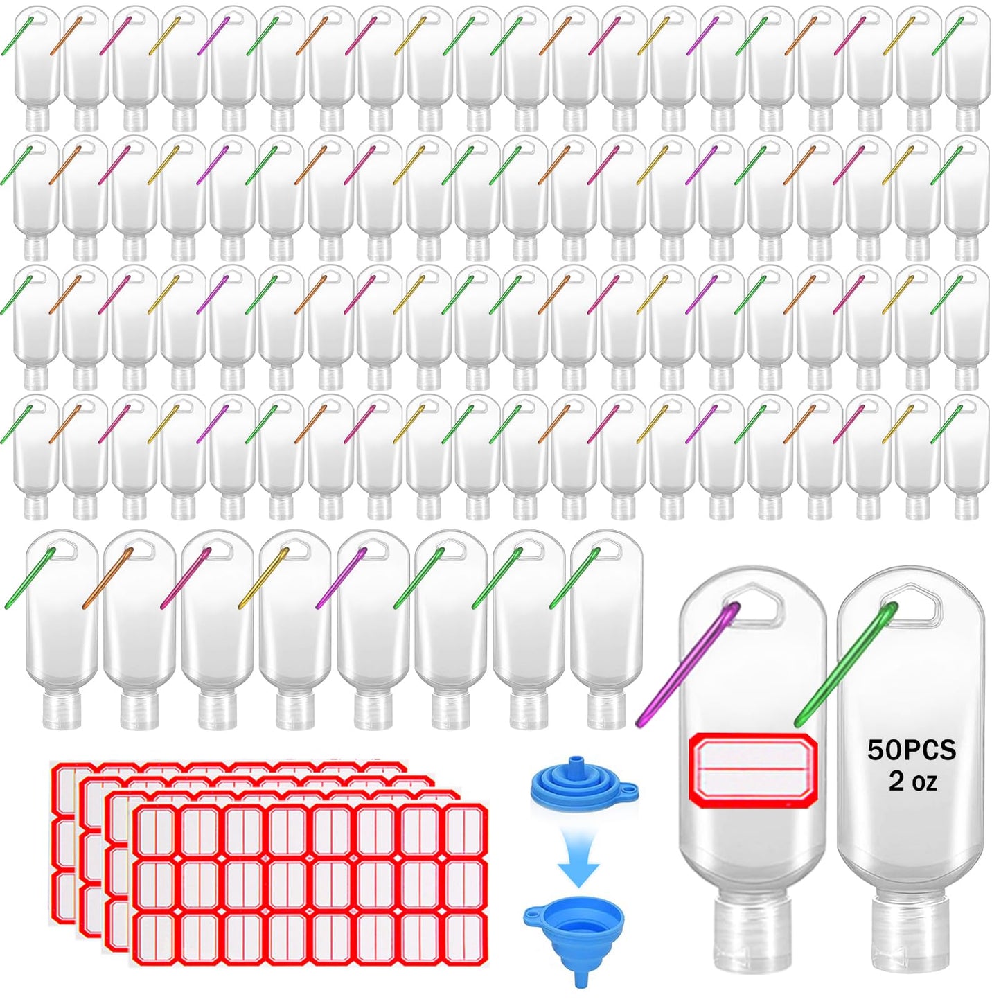 HATTIE 50Pack Travel Plastic Clear Keychain Bottles 50ml/2oz Portable Leakproof Squeeze Small Bottles With Flip Cap Refillable Empty Containers for Lotion Soap Toiletry