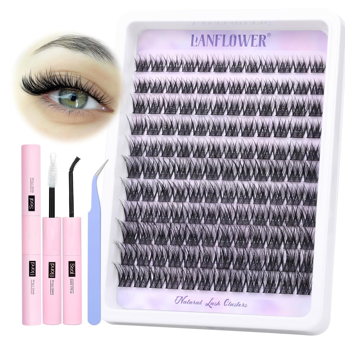 Natural Lash Clusters Kit - Wispy C Curved Eyelash Extensions | 8-16mm Individual Lashes with Bond & Tweezers