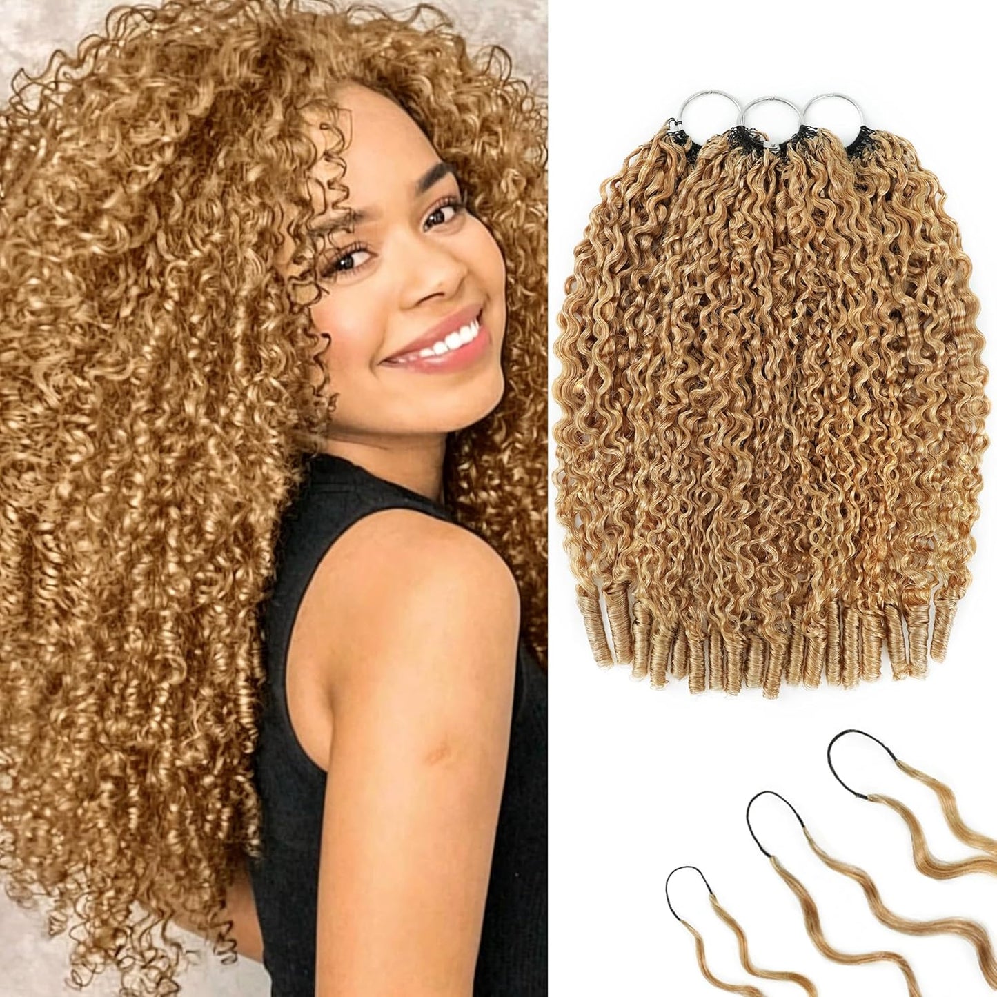 Honey Blonde Burmese Curly Crochet Hair Extensions - 14 Inch, 240g, Reusable, Lightweight, Miracle Knots