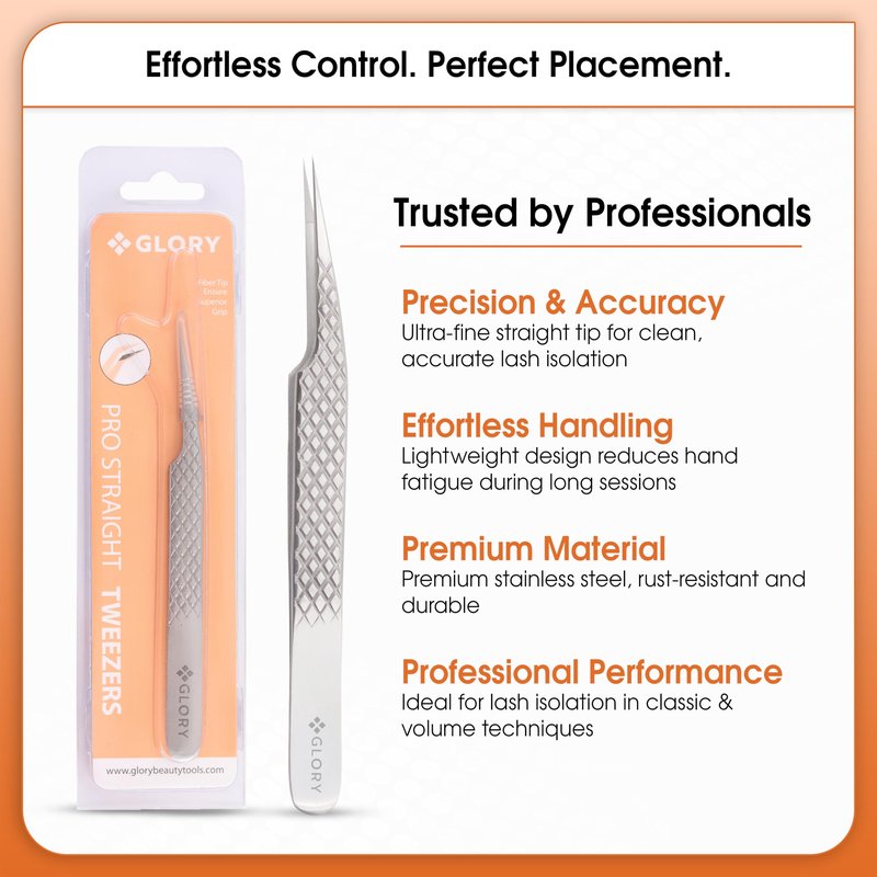 Precision Fiber Tips Perfect Tweezers for Isolation and Classic Eyelash Extensions, Stainless Steel Pro Straight Tip Anti-Slip Diamond Grip Tweezers for Lash Artists, Nail Art & jewelry work