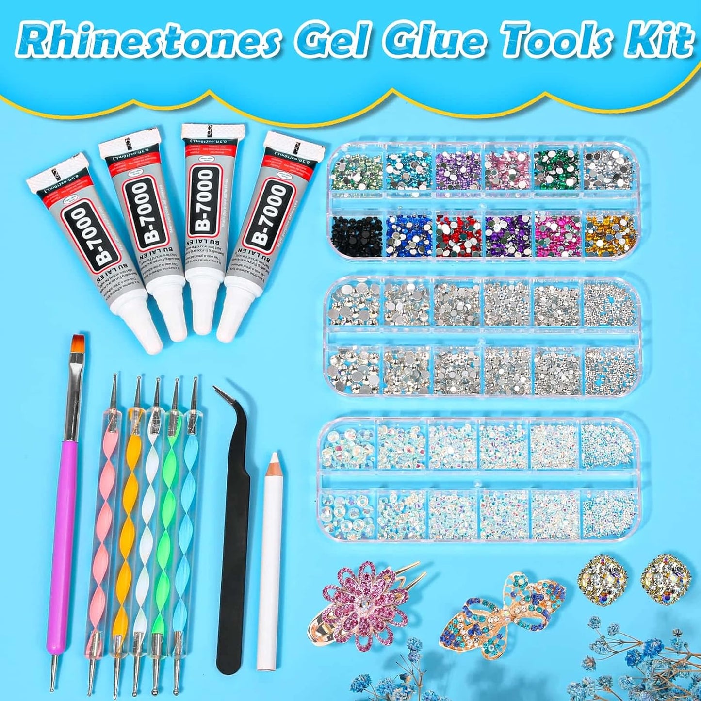 Shynek B7000 Jewelry Glue - Rhinestones & Gems Adhesive for Crafts | 6300 Pcs with Picker Pencil for Diamond Art