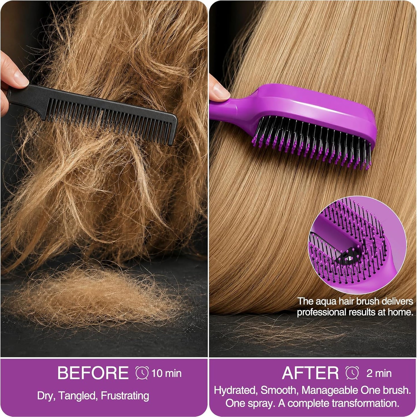 Detangling Hair Brush with Water Spray - 2-in-1 Anti-Static Tool for Curly Hair | Reduces Breakage & Frizz, Purple