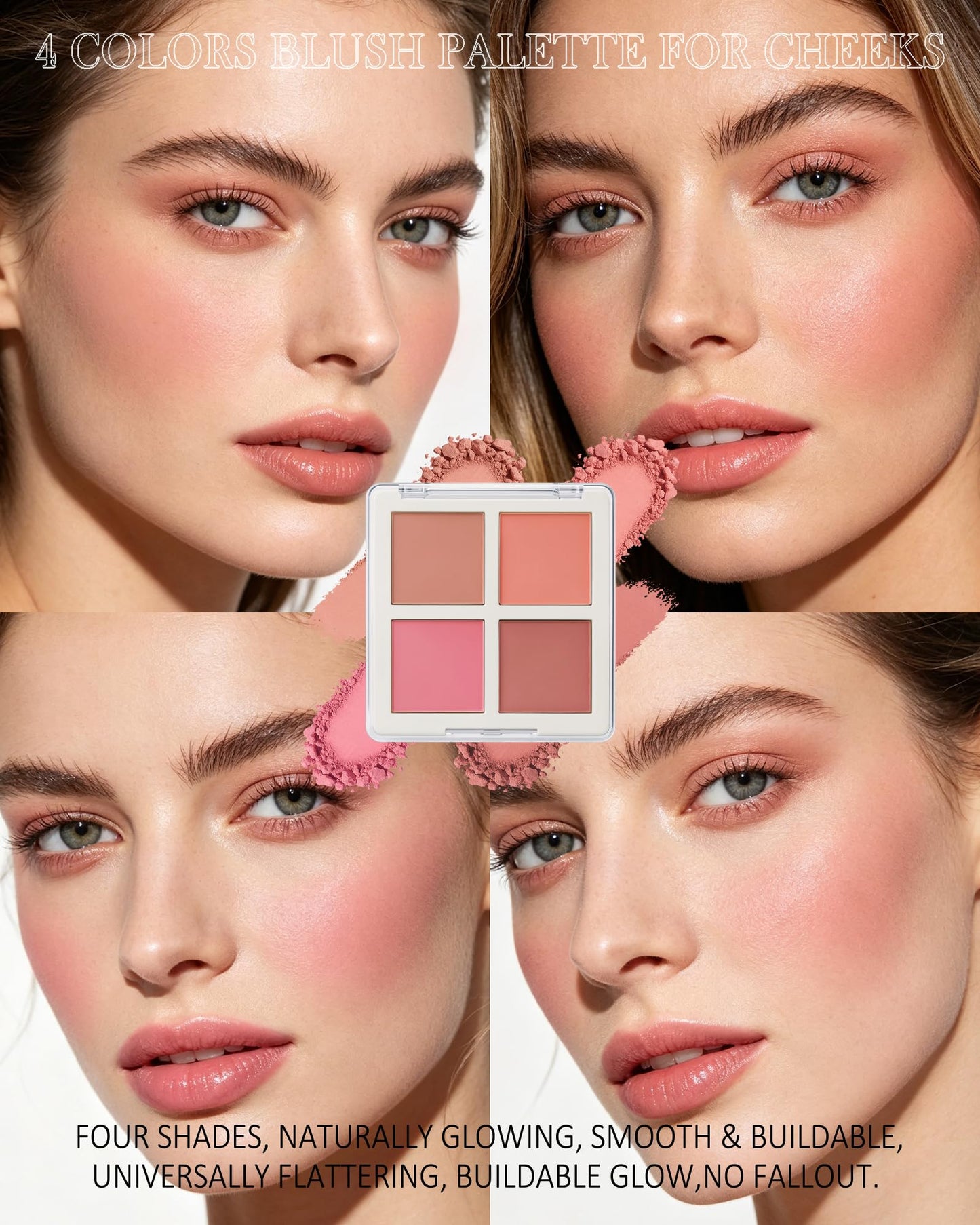 4 Colors Blush Palette for Cheeks, Matte Pink Face Contour Blush Powder, Long Lasting Blendable Blusher Palette, Natural Finish, High Pigment Beauty Blushes with Brush Makeup Gift Kit for Women-Set Y1