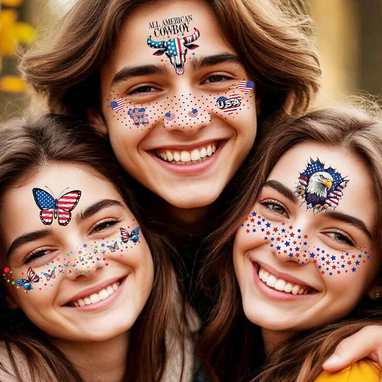 24 PCS Independence Day Temporary Tattoos | American Patriotic Face Freckles in Red, White & Blue