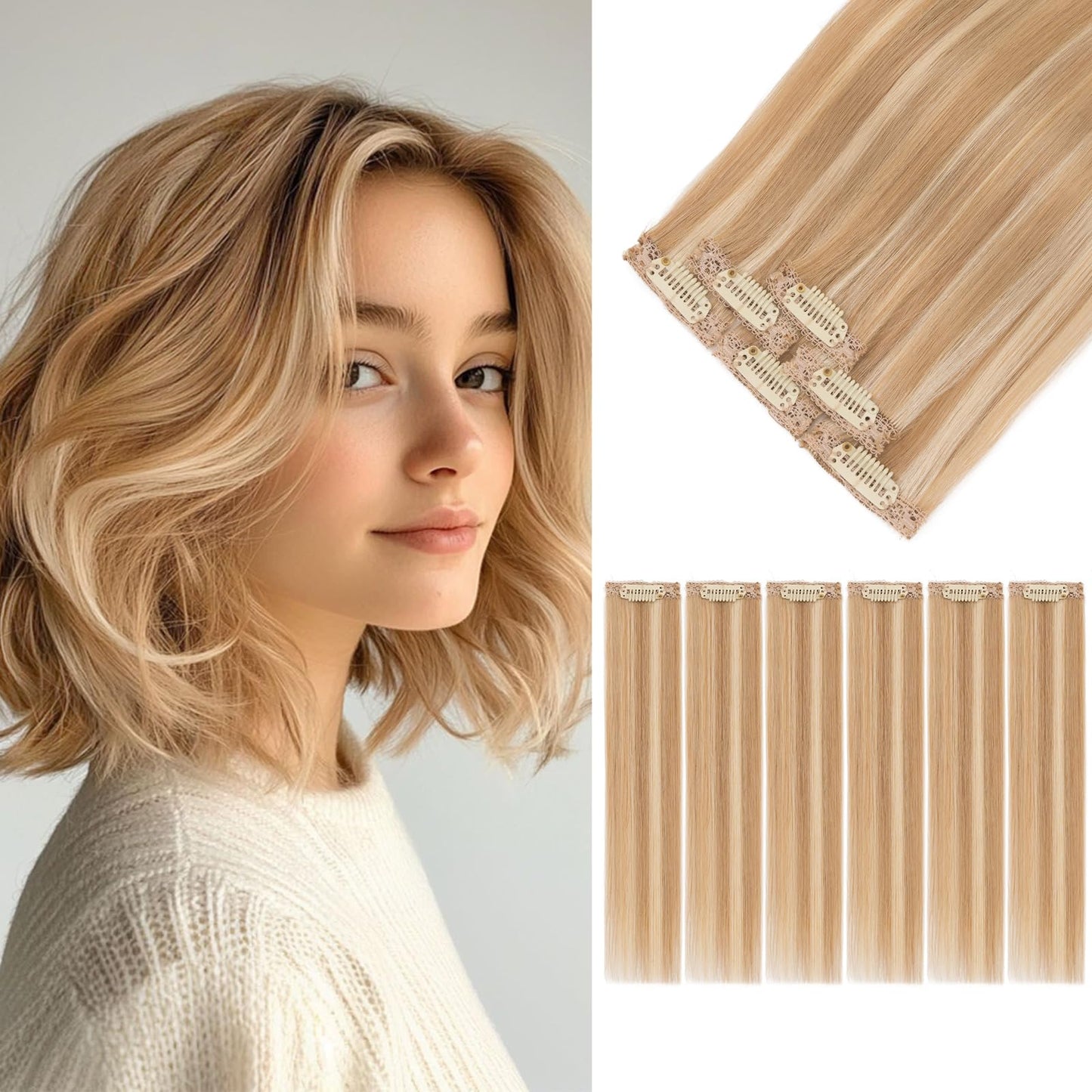 S-noilite 6Pcs Clip in Human Hair Extensions,Remy Single Short Clip in Hair Extensions 6Pcs 6clips Straight Golden Brown/Bleach Blonde Seamless Hairpieces for Women 10Inch 31g