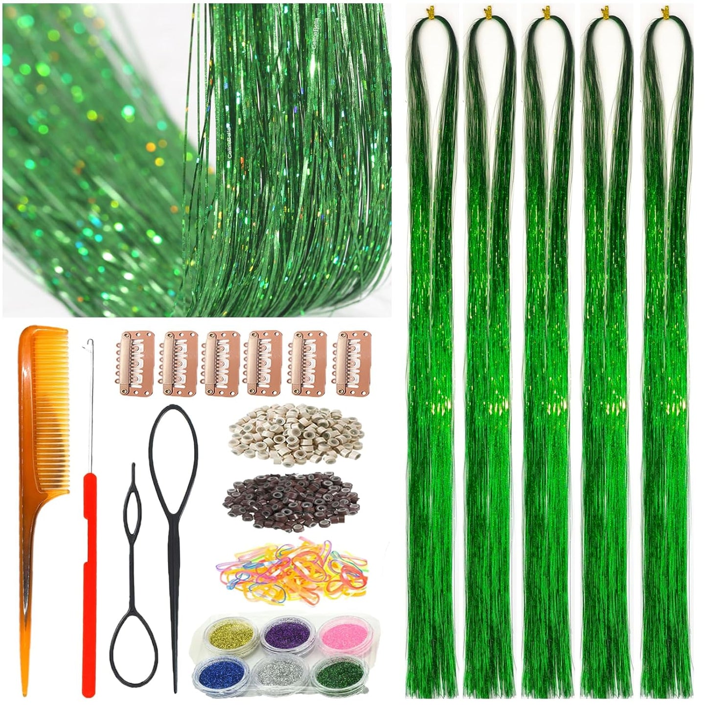 CelineBella Hair Tinsel - Emerald Green 48-Inch Glitter Strands | Sparkling Highlights for Parties & Cosplay