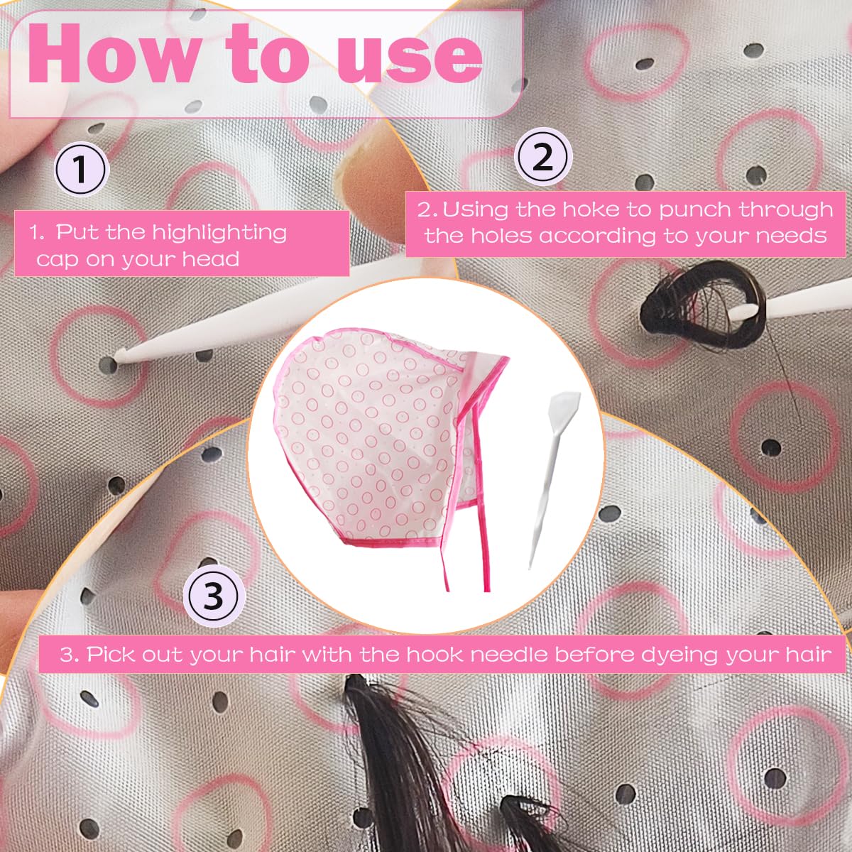 Hair Highlighting Cap Set - 6 Pcs Hair Coloring Frosting Kit with 2 Plastic Hooks | Pink