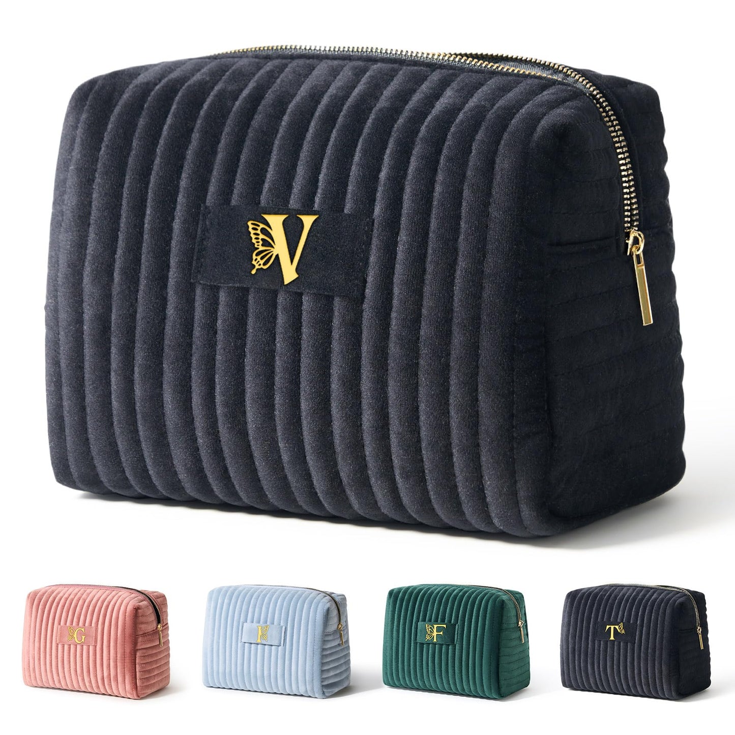 COSHAYSOO Birthday Gifts for Teens College Big Sister Girls Trip Gifts Favors Travel Makeup Bag Quilted Make Up Pouch Initial Velvet Cosmetic Case with Butterfly Decorations for Women Black Letter V