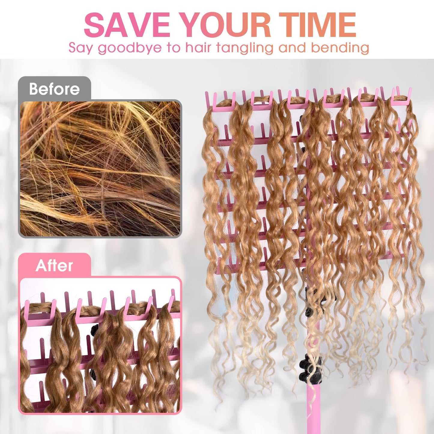 Klvied Braiding Hair Rack Standing 144 Pegs, Heavy Duty Hair Racks for Braiders Standing, Hair Divider Rack for Braiding Hair Separator, Braiding Rack with Carrying Bag and Hair Braiding Tools, Pink