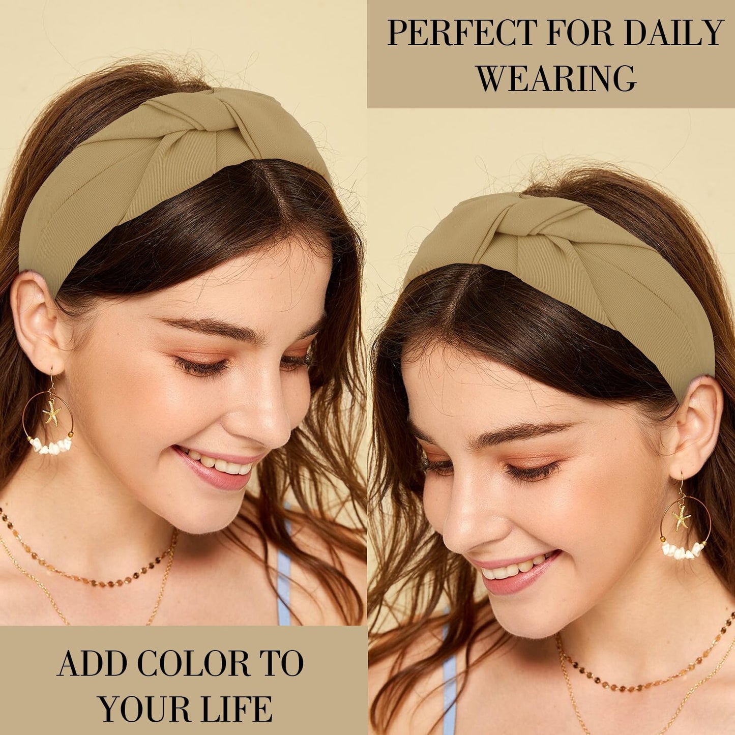 Amariver Khaki Headband Knotted Wide Headband for Women Top Knot Hair Band Non-slip Head Band Soft Fashion Hair Accessories for Women Girls