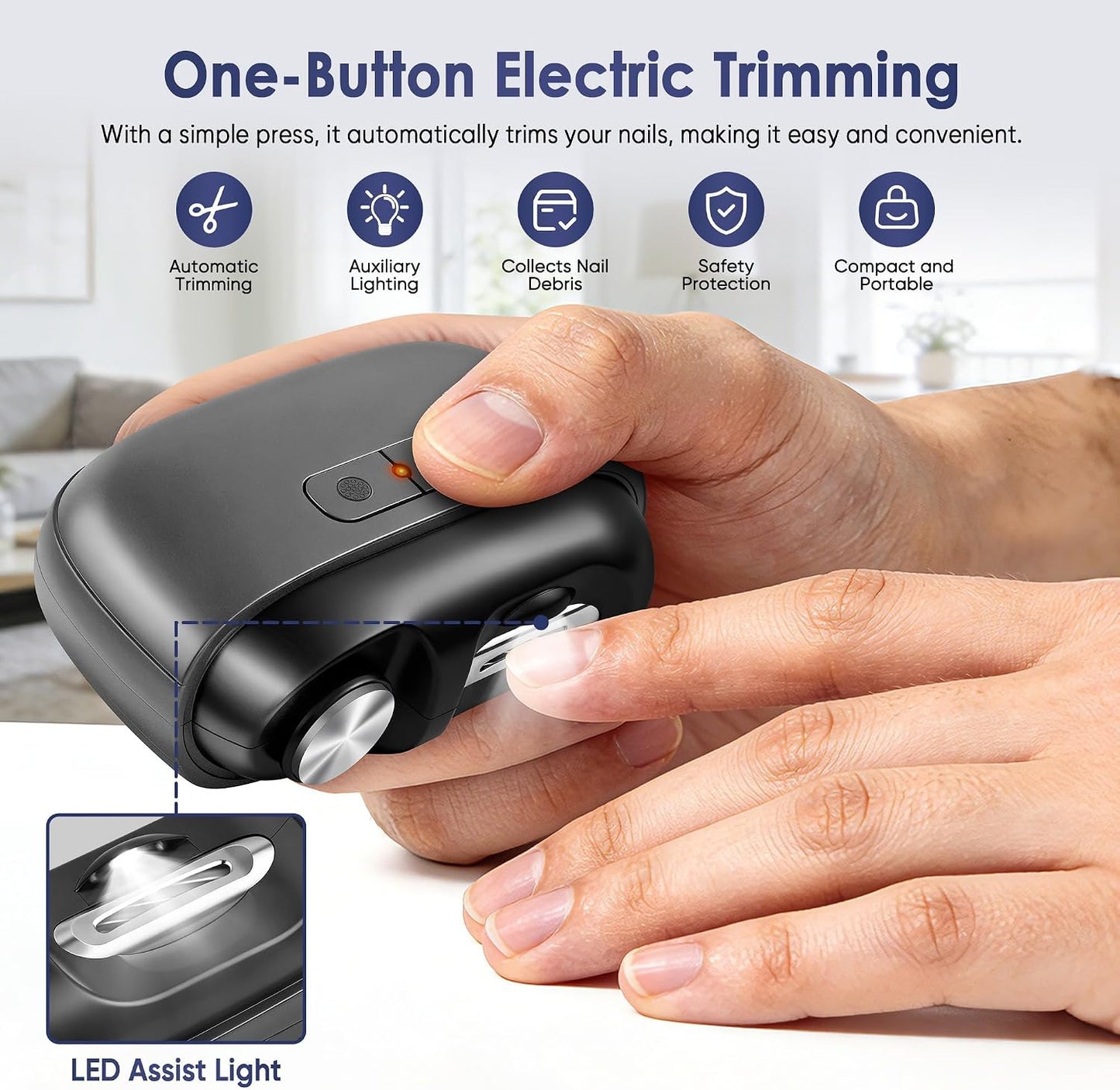 Electric Nail Clipper - Rechargeable Automatic Trimmer with Light & Storage | Ideal for Seniors & Adults (Black)