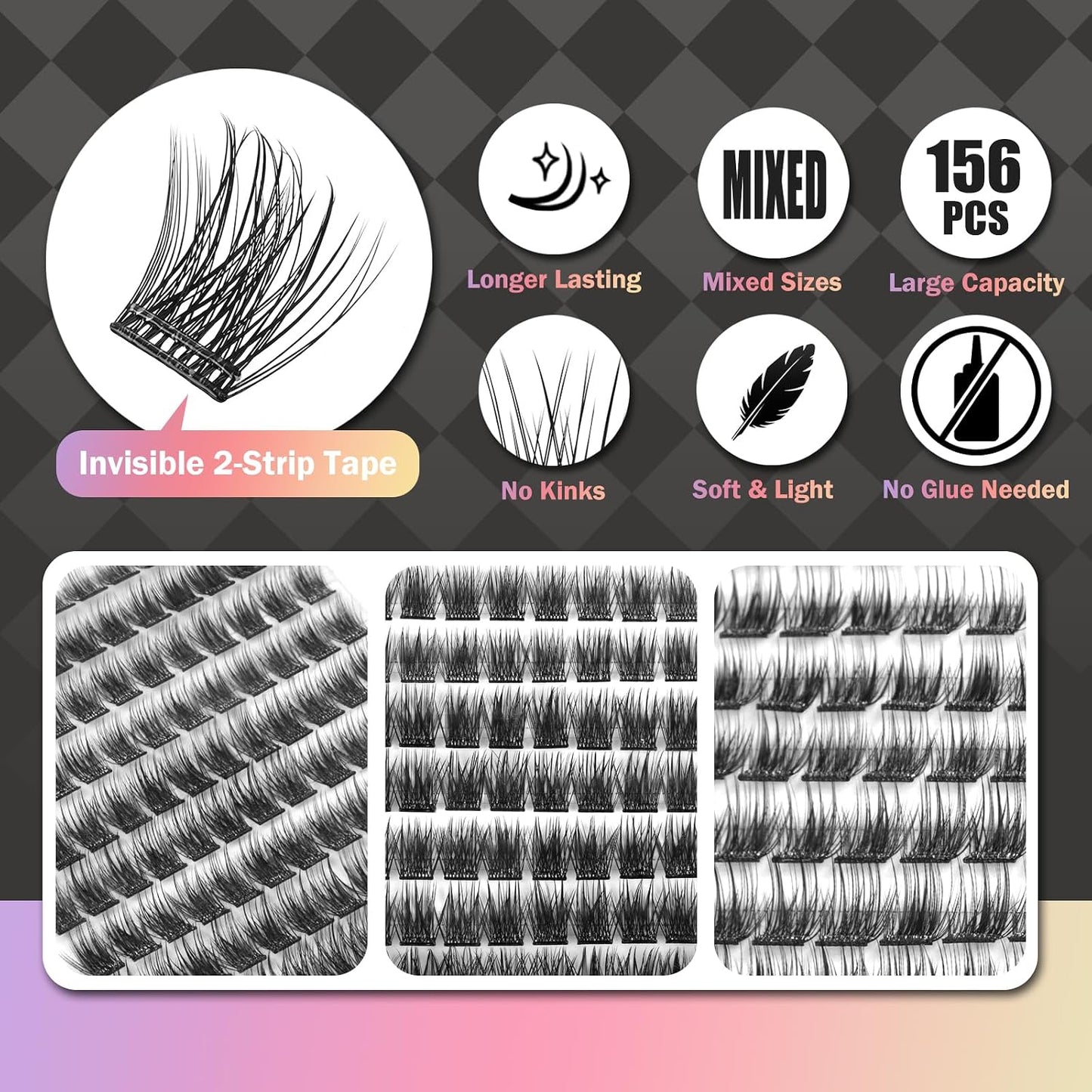 Self-Adhesive Eyelashes - 156 Pcs Pre-Glued Clusters with Invisible Tape | No Glue, Longer Lasting, Volume-Mixed