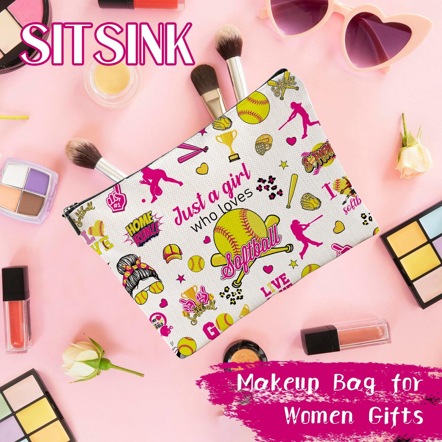 Sitsink Softball Lover Gifts - Just a Girl Who Loves Softball Makeup Bag, Sports Fan Gift Ideas Zipper Pouch