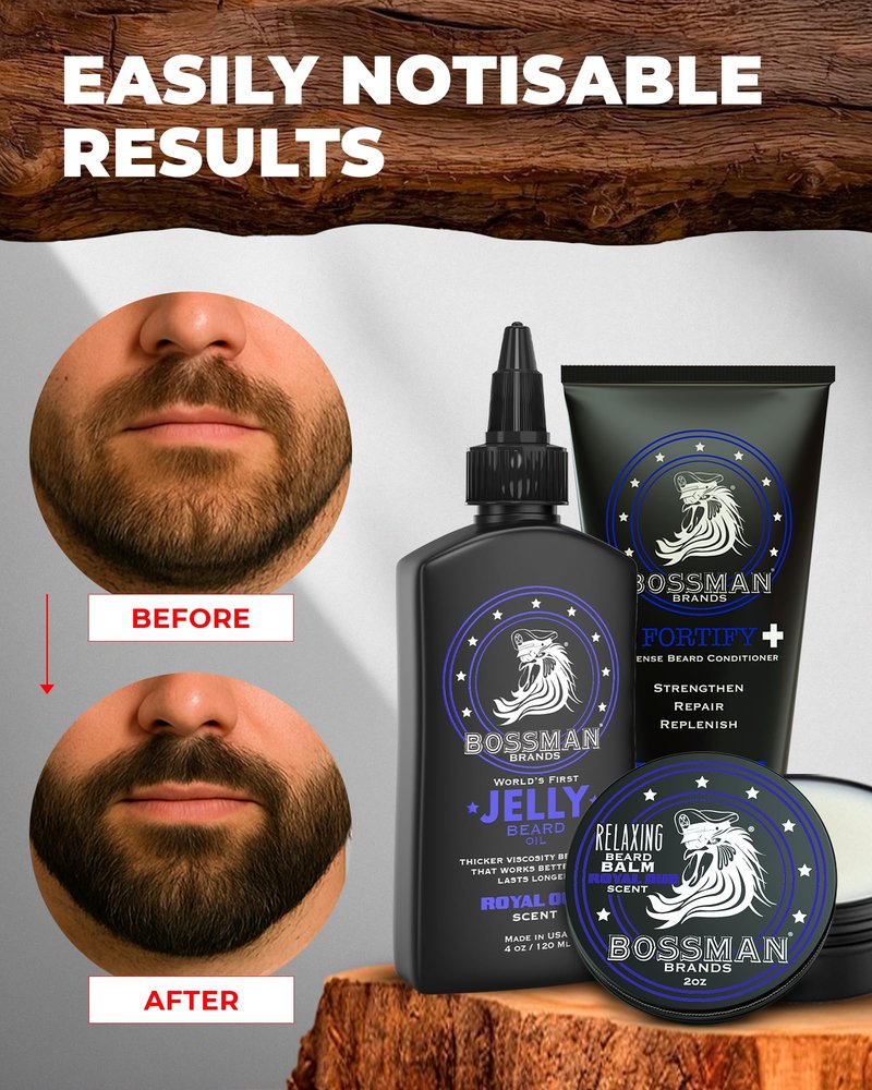 Bossman Essentials Beard Kit for Men, Set of 3 - Beard Oil Jelly, Fortifying Conditioner Cream, Beard Balm - Grooming Growth Care Accessories - Gift Set for Men (Naked - Unscented)