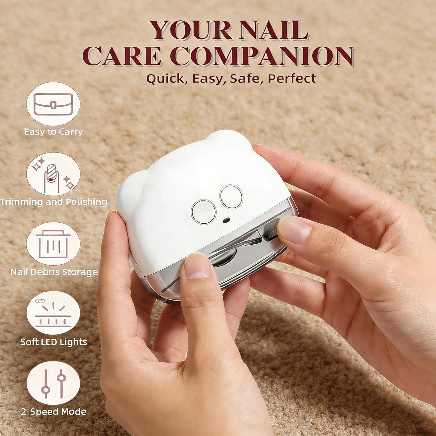 Electric Nail Clippers - Rechargeable Automatic Toenail Trimmer with LED Light & Filer | Ideal for Seniors & Adults (White)