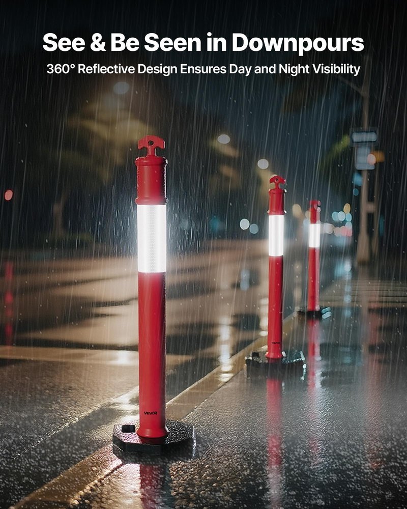 VEVOR 6 Pack Traffic Delineator Posts, 45 inches Traffic Safety Cones with Weighted Base and Reflective Strips, Heavy Duty Delineator Posts for Construction Site, Parking Lot, Crowd Control, Red