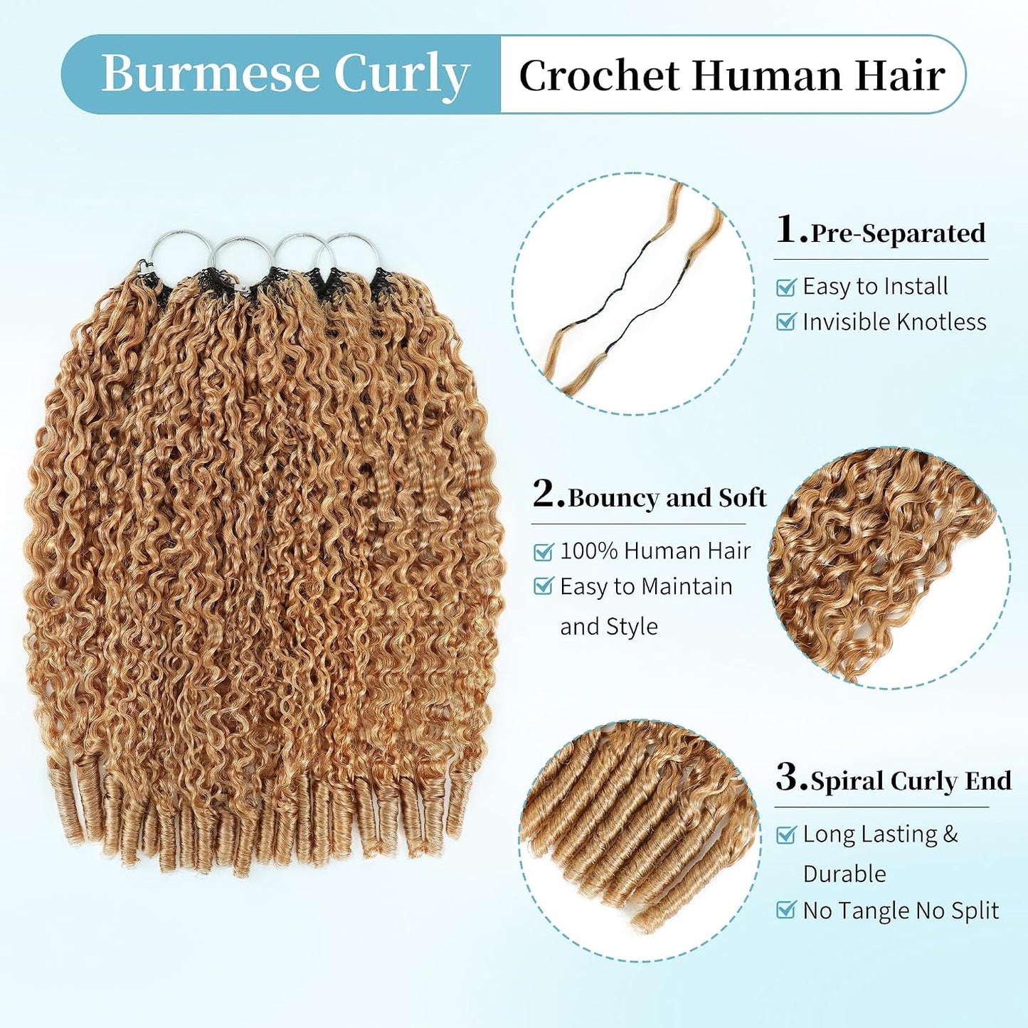 Honey Blonde Burmese Curly Crochet Hair Extensions - 12 Inch, 240g, Reusable, Lightweight, Invisible Knots