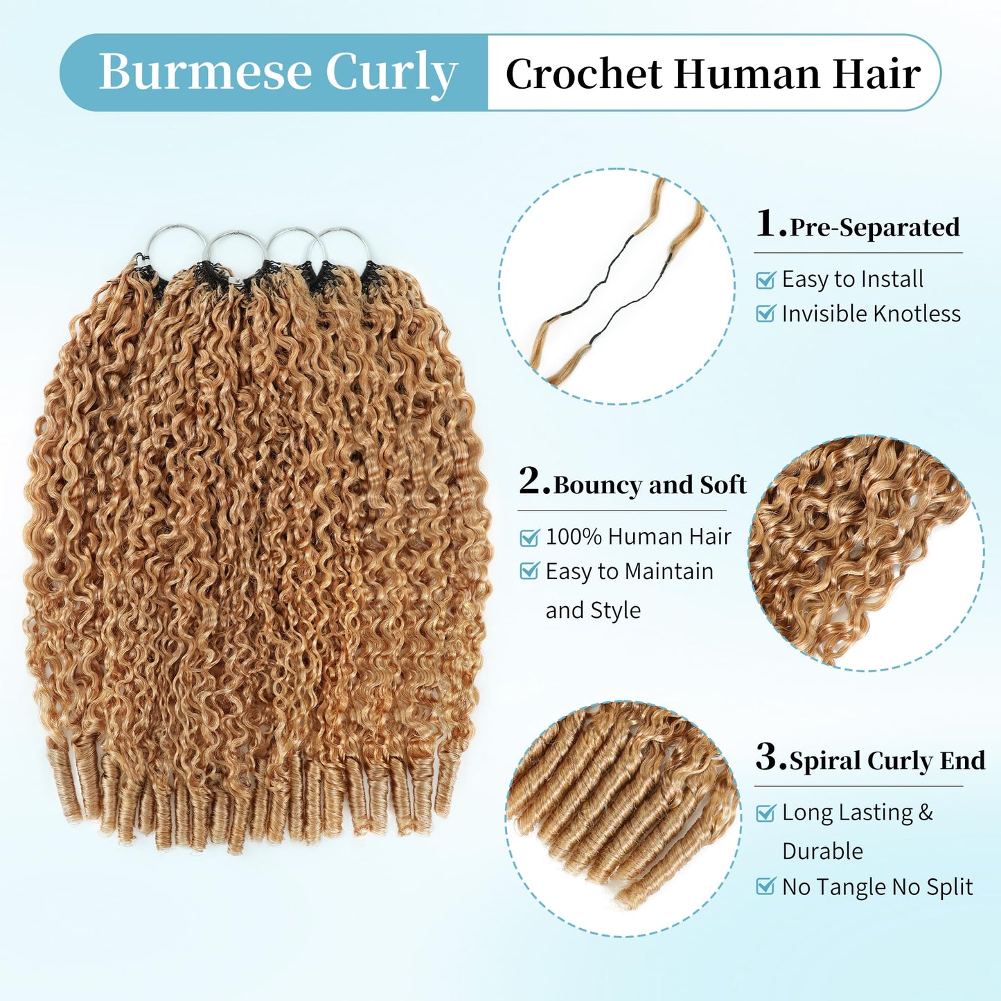 KULYMUWIG Honey Blonde Burmese Curly Crochet Human Hair 16 Inch 240g Invisible Pre-Separated Feather Crochet Human Hair Bundles 27# Reusable Lightweight Miracle Knots Hair Extensions