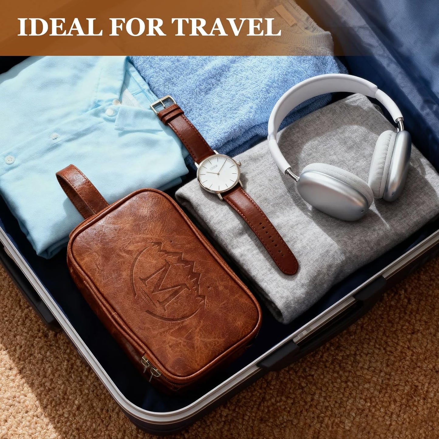 Personalized Toiletry Bag for Men - Engraved Waterproof PU Leather Shaving Bag | Ideal Father’s Day Gift, Brown - M