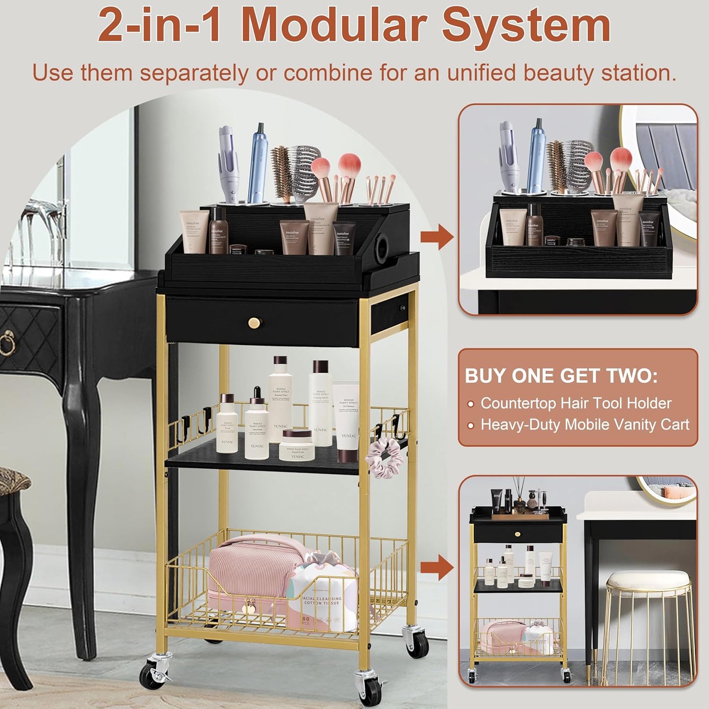 Large Makeup Organizer Cart - Rolling Vanity Storage with Hair Tool Holder | Gold & Black, 2-in-1 Design