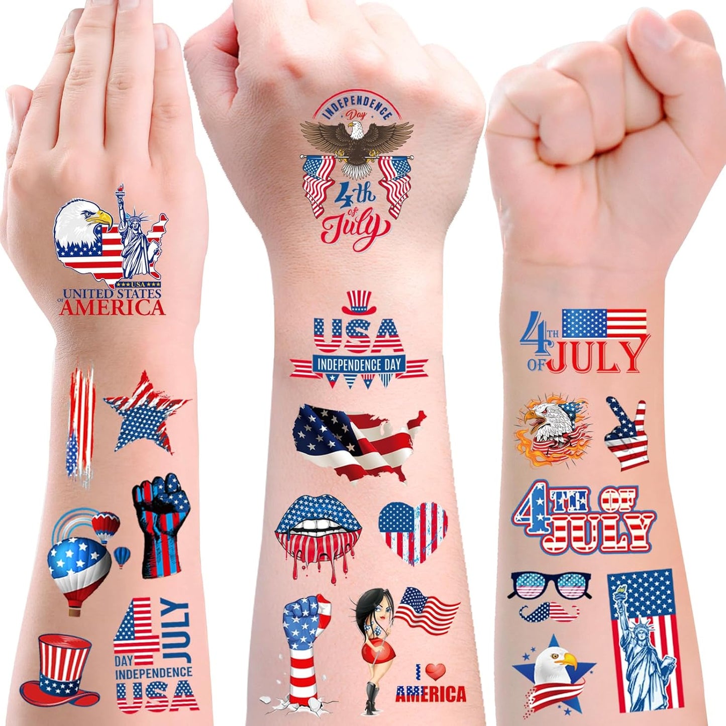 Waterproof 4th of July Temporary Tattoos for Kids | 20 Sheets of Patriotic Red, White & Blue USA Stickers with Flag & Fireworks
