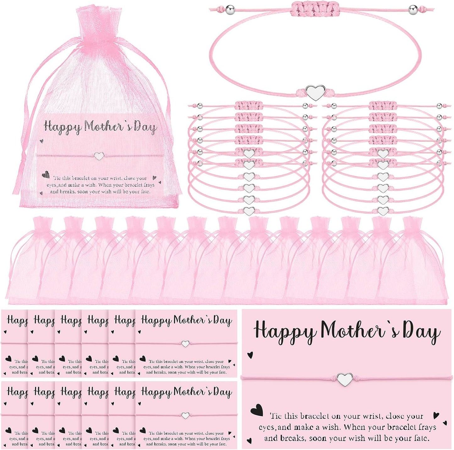 Pink Heart Bracelet Set for Mother's Day | Adjustable Friendship Jewelry Gift for Women - 12 Pieces