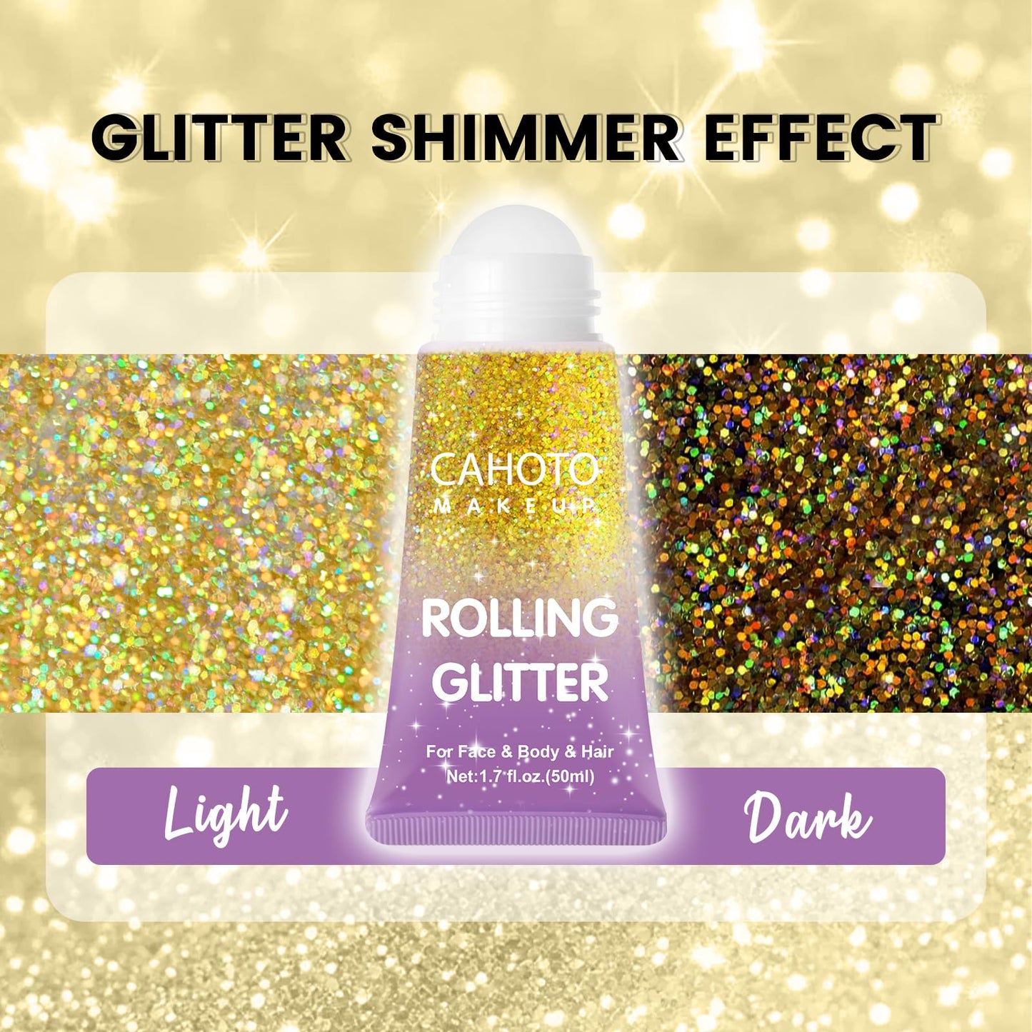 CAHOTO Gold Rolling Glitter, Shimmer Gel for Face Body & Hair, Sparkling Holographic Roll-on Sequins for Singer Concert Rave Festival Halloween Party Carnival, 1.7 fl.oz.