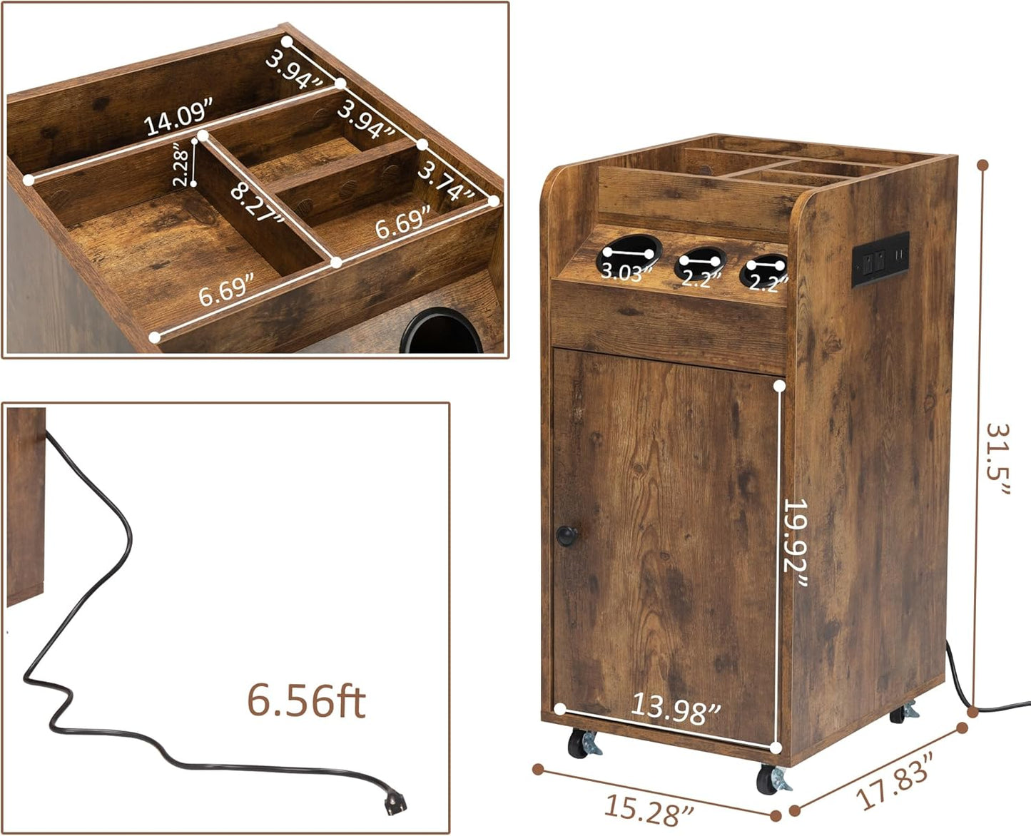 Salon Trolley Cart with Charging Station - Sturdy Rustic Brown | Hair Stylist Equipment