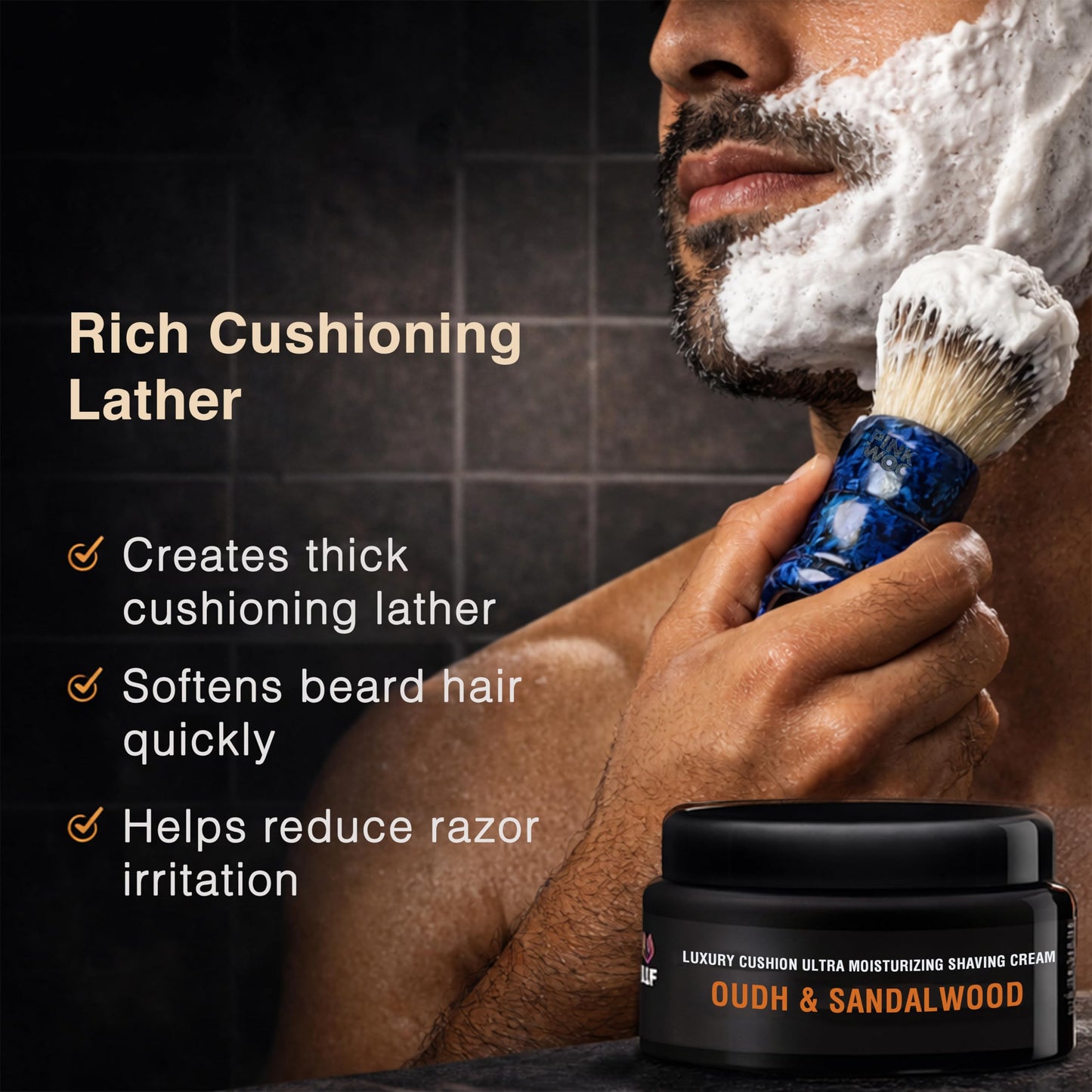 Pink Woolf Shaving Cream for Men, Rich Lather Wet Shave Cream for Shaving Brush, Smooth Razor Glide, Softens Beard, Oudh & Sandalwood Barbershop Scent, Traditional Shave Cream Jar, 3.5 oz