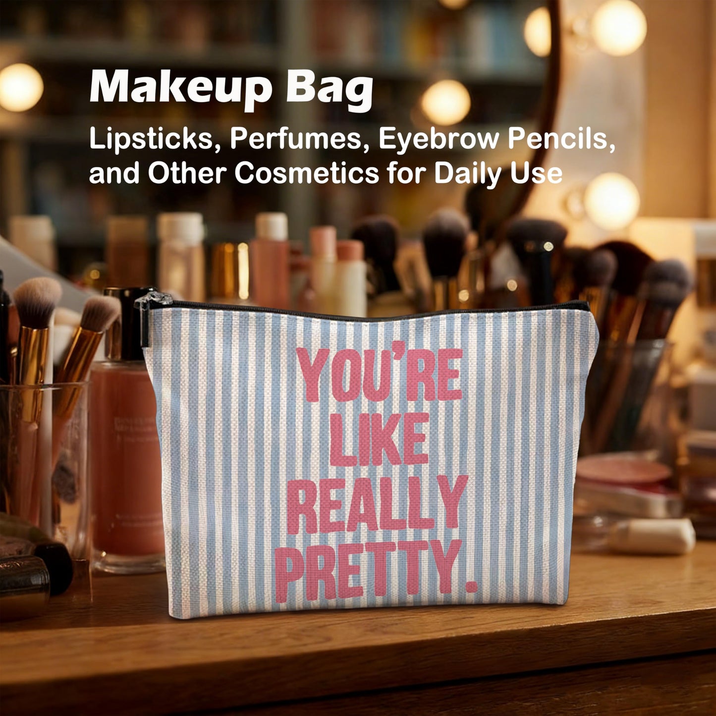 Yomisex Preppy Blue Aesthetic Makeup Bag, Trendy Girly Blue Pink Striped Cosmetic Bags Toiletry Bag for Women, Inspirational Gifts, You're Like Really Pretty Makeup Pouch