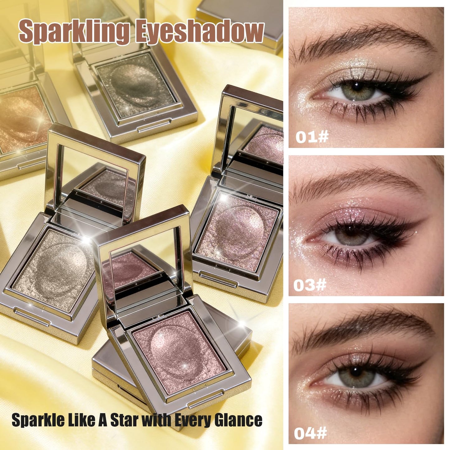 OETUIOW Shimmer Eyeshadow High Sparkle, Long-Lasting Sheer Eye Makeup, Velvety Soft Fine Powder High Pigment Eyeshadow, Vegan & Cruelty-Free (04 Champagne Shimmer)