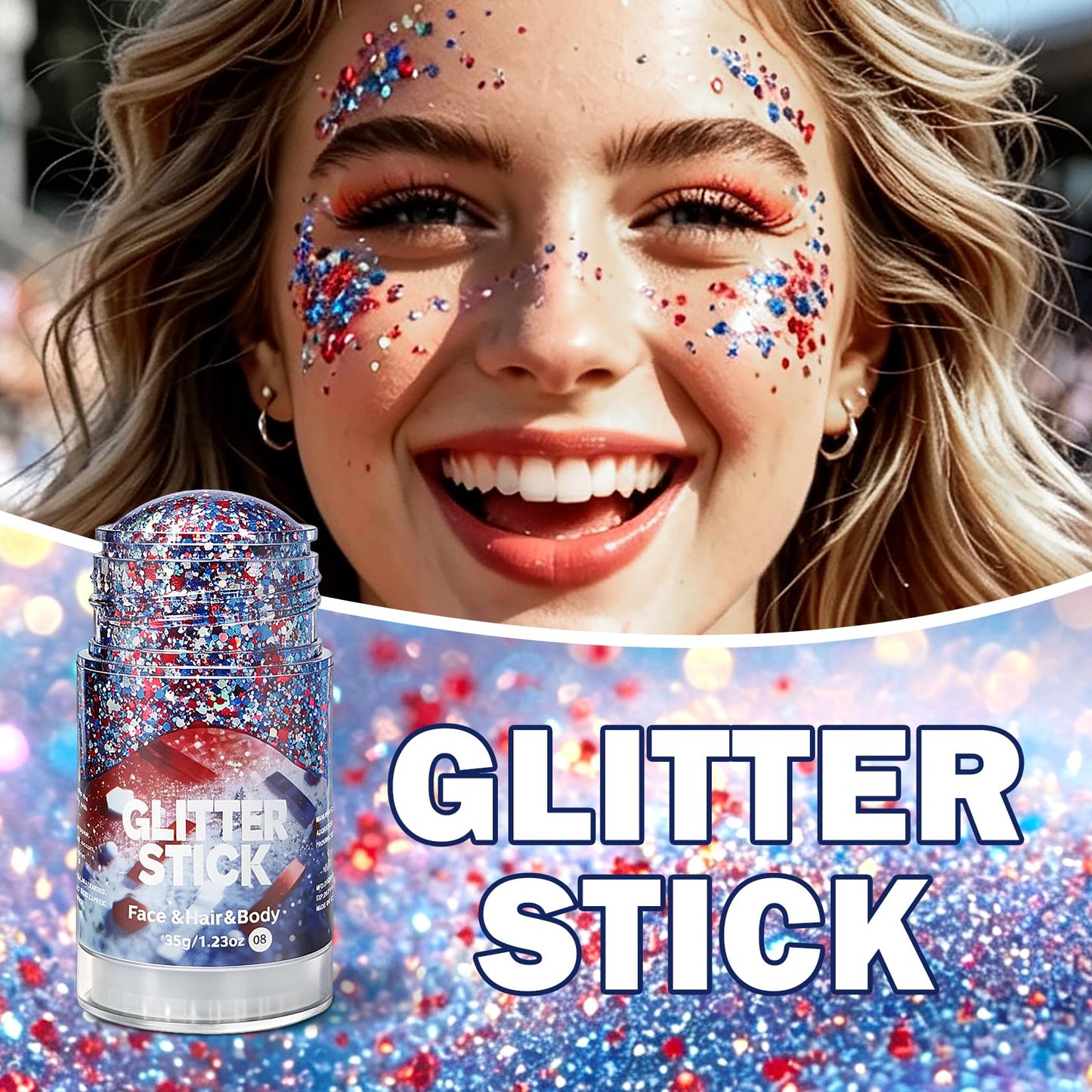 Face Hair Glitter Stick, Red White Blue Body Sparkle, Hair Shimmer Mermaid Sequins Patriotic Accessories Glitter Gel for Women Music Singer Festival Rave Party Outfit Lips Eyes Makeup #08