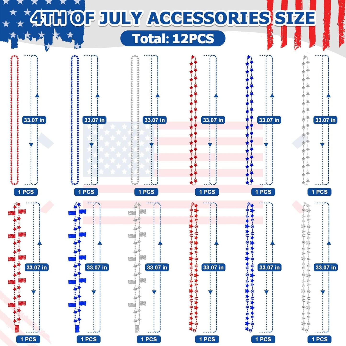 Patriotic 4th of July Necklace Set | 12PCS Red, White & Blue Beads with USA Flags for Independence Day Celebrations
