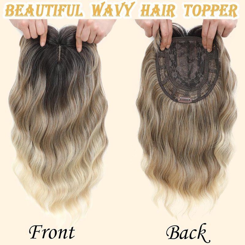 Hair Topper for Women - 16 Inch Synthetic Curly Wavy Clip-In with Wispy Bangs | Natural-Looking Volume (Mixed Brown to Blonde)