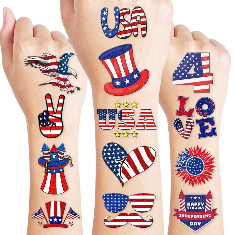 Fourth of July Patriotic Temporary Tattoos - 96PCS USA Flag Designs for Kids & Adults | Perfect Party Favors & Independence Day Accessories