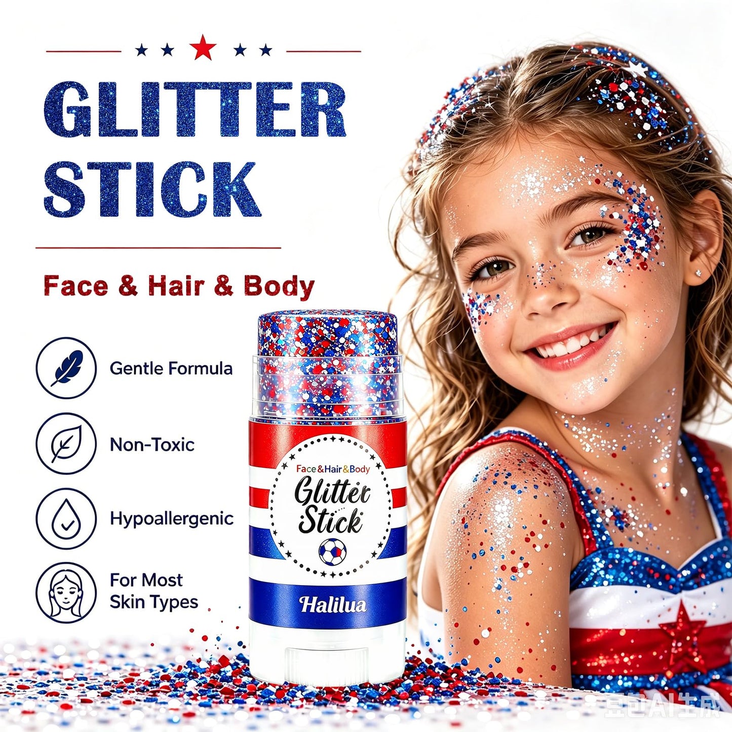 Patriotic 4th of July Body Glitter Stick,Sparkle Red White and Blue Hair Face Glitter for Independence Day 250 Anniversary Party,4th of July Outfits and Decorations for Women Kids, Memorial Day