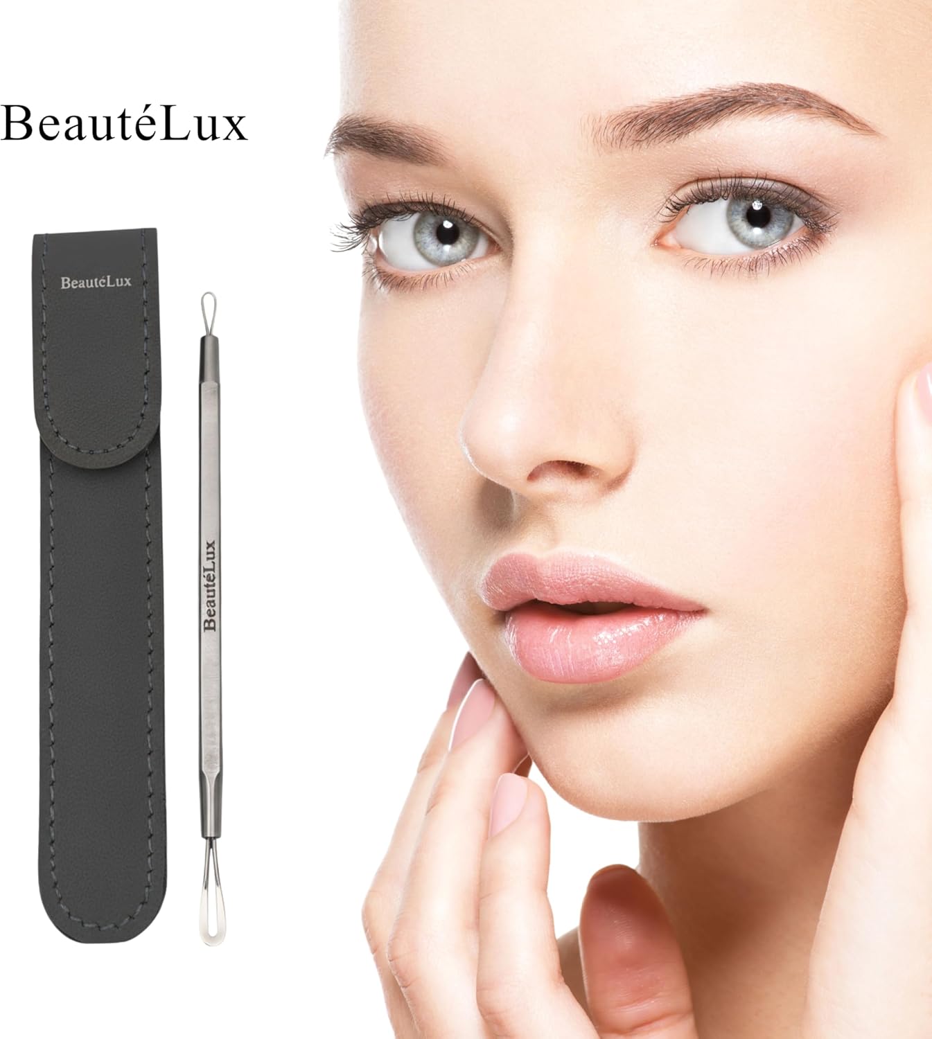 Blackhead Removal Tool - 2-in-1 Stainless Steel Acne Extractor | Dual-Loop Pimple Remover with Grey Leather Pouch