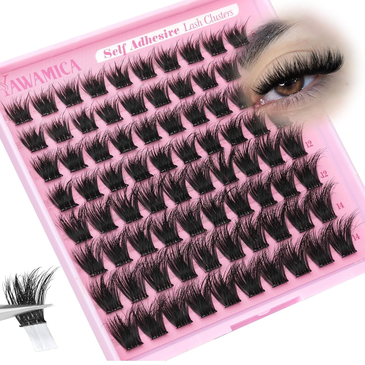 Self-Adhesive Lash Clusters - Fluffy Wispy Eyelash Extensions | No Glue Needed, 8-14mm D Curl Faux Mink Individual Lashes