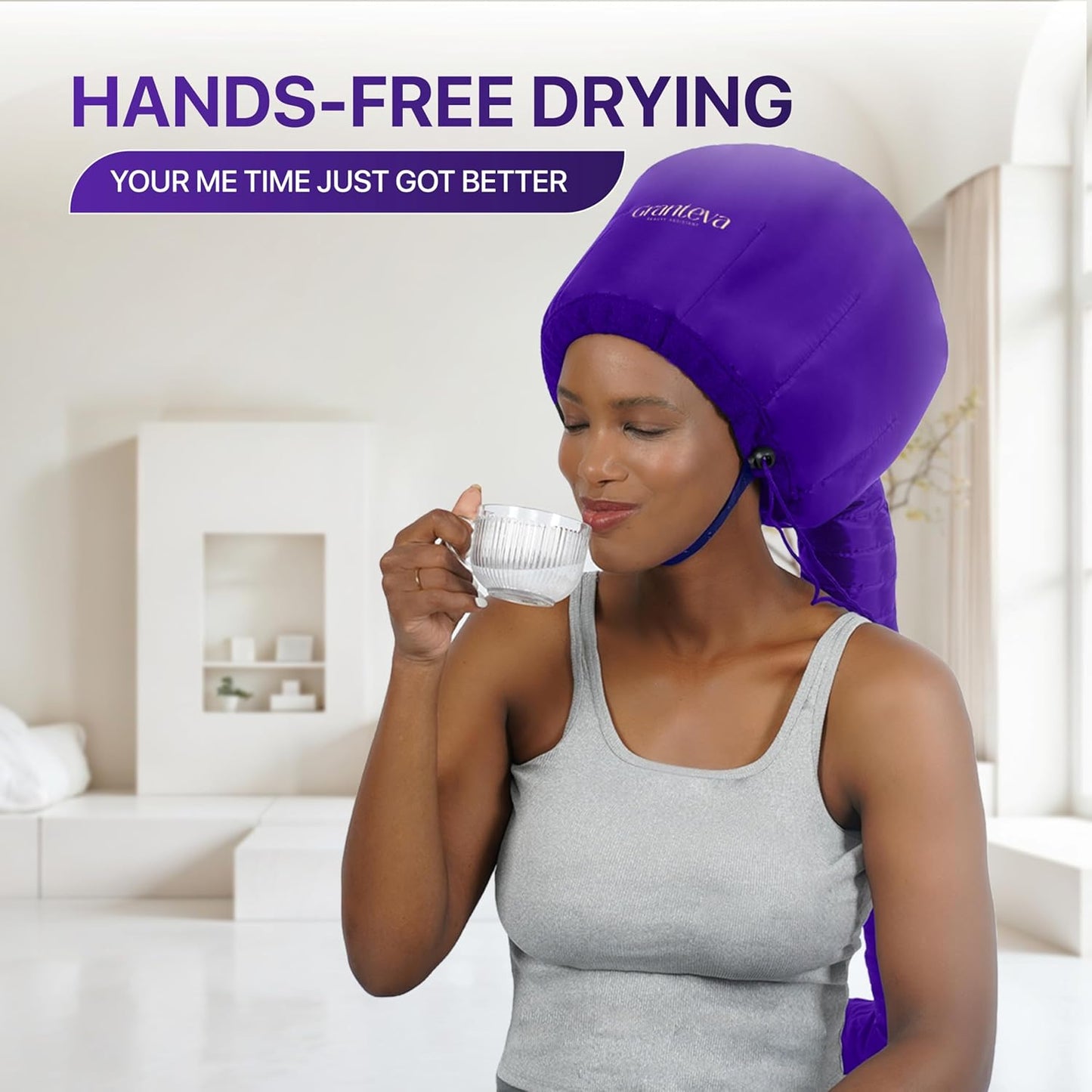 Hair Dryer Bonnet Attachment - Integrated Headband Reduces Heat Around Ears & Neck | Large Purple Diffuser Cap for Curly Hair
