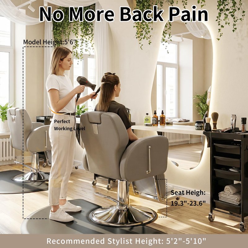 Baasha Heavy Duty Reclining Barber Chair - Grey Hydraulic Salon Chair for Facials, Lash Extensions, Tattoo & Braiding - 165° Recline with Leg Rest, Stainless Steel Base