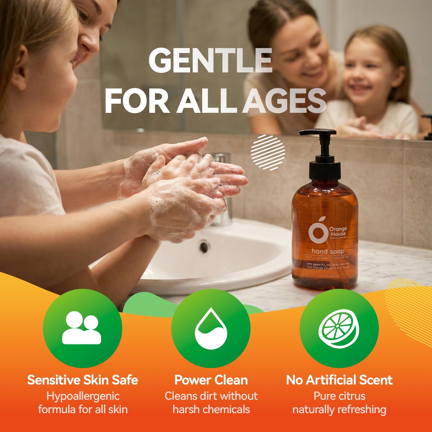 ORANGE HOUSE Natural Liquid Hand Soap, Food-Grade Orange Oil Moisturizing Hand Wash, Plant-Based & Hypoallergenic, Gentle for Sensitive Skin, Non-Toxic Citrus Scented Soap, 12 Fl Oz Pump Bottle