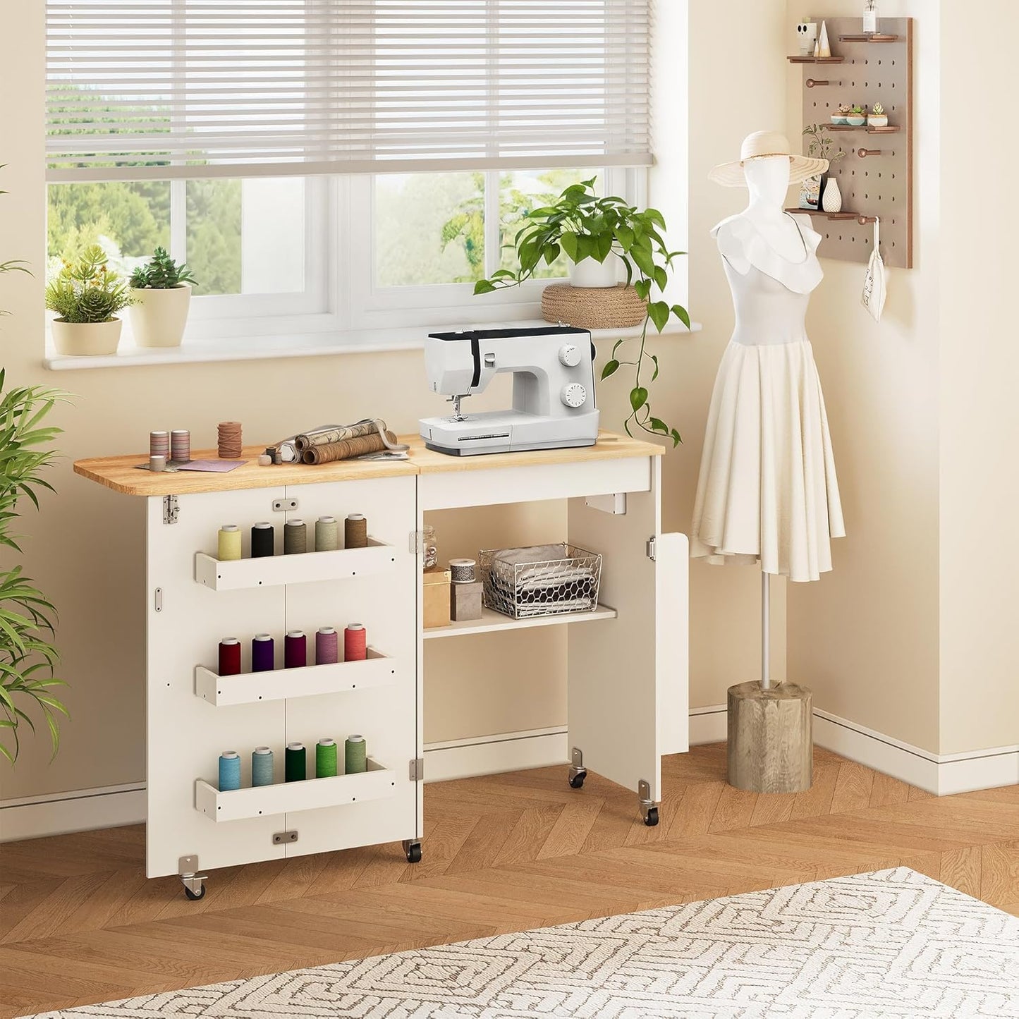 Sewing Table with Storage - Folding Design with Charging Station & Lockable Casters | White
