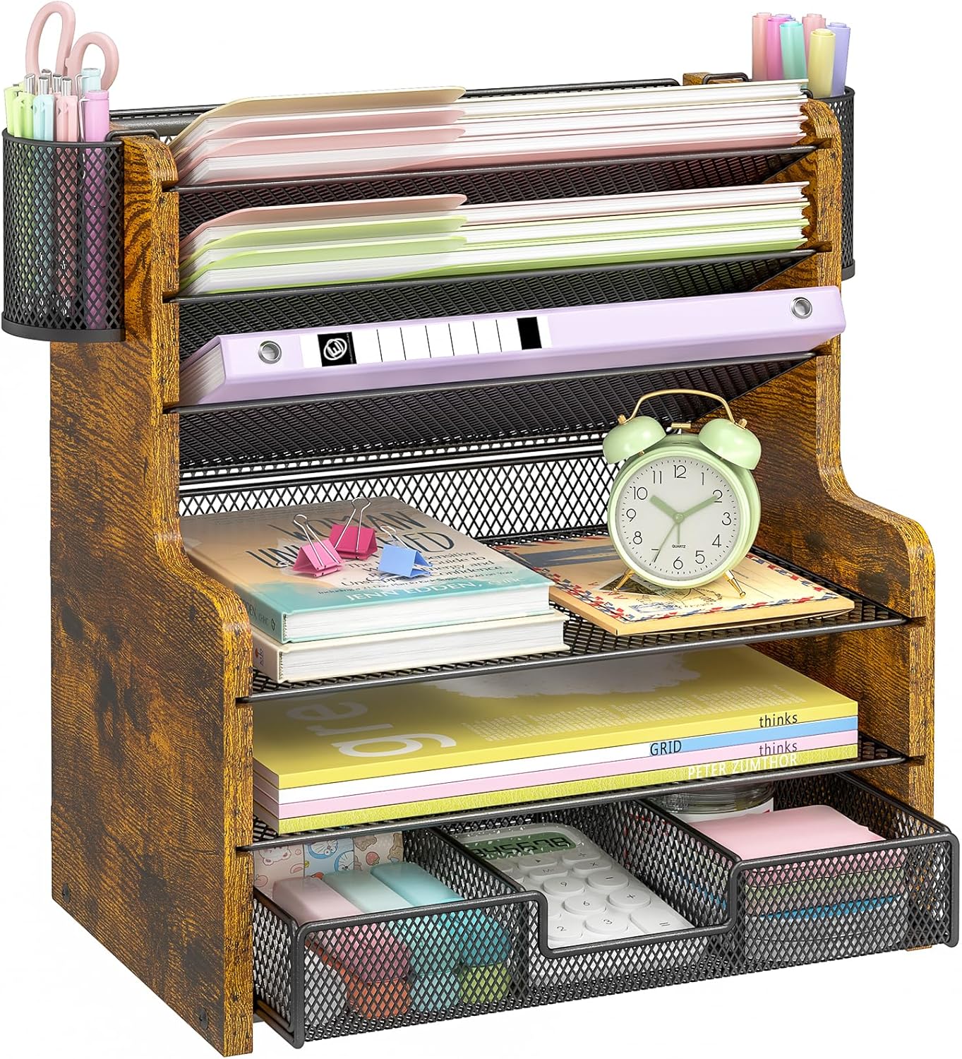6-Tier Mesh Desk Organizer with Drawer | Sturdy Wooden Office Organizer for Papers & Folders - Space-Saving Design