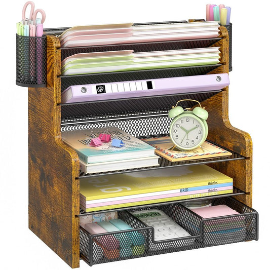 DAOUTIME 6-Tier Mesh Desk Organizer with Drawer, Wooden Office Organizer for Papers, Folders & Office Supplies - Sturdy Desktop File Holder with 2 Pen Holders - Space Saving Home Office Accessories